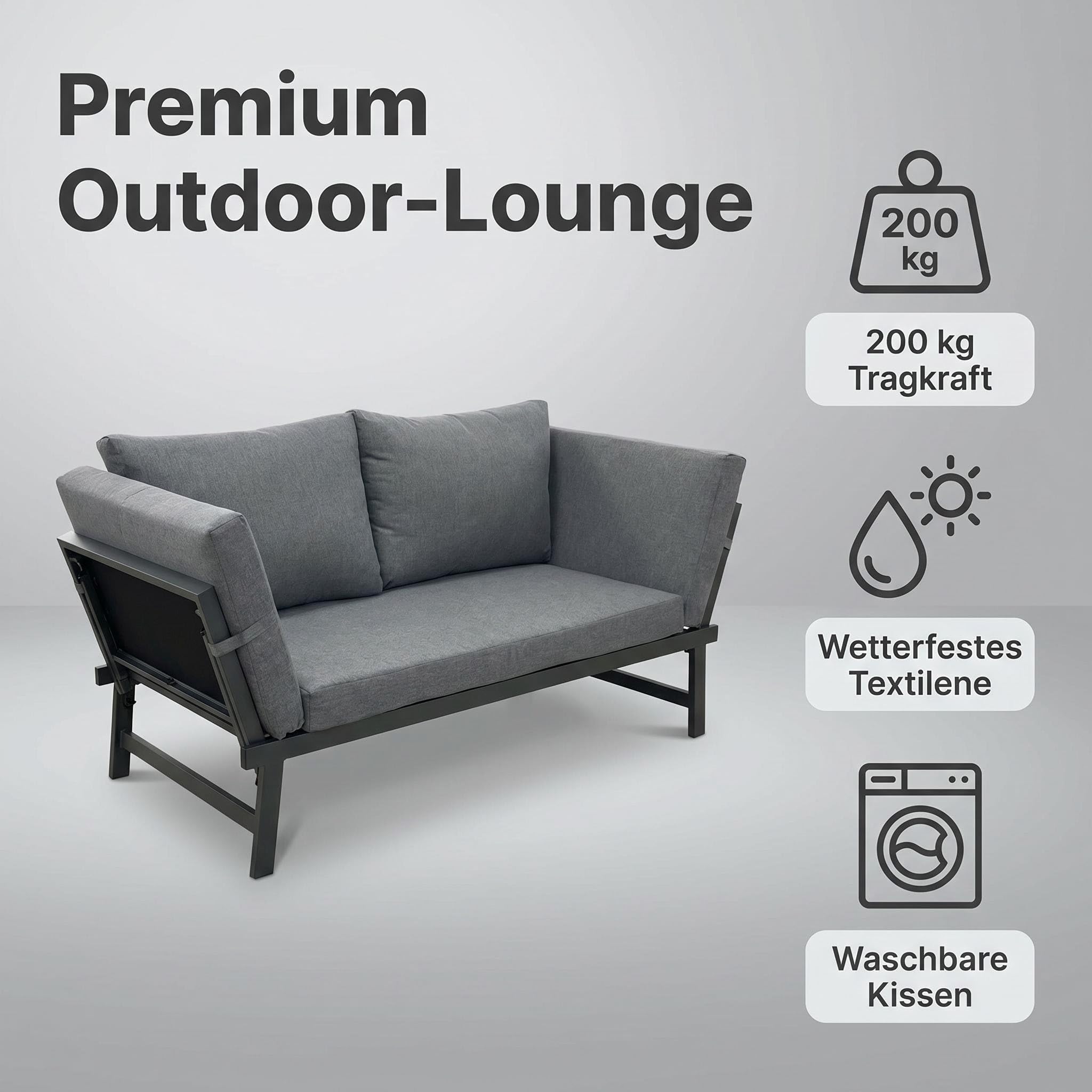 Klappbares 4 in1 Garten-Loungesofa mit Verstellbarer Rückenlehne und abtrennbarer Seitenliege, wetterfestes Stahl-Textilene-Gestell inklusive dickem Polyester-Kissen, geeignet für Terrasse