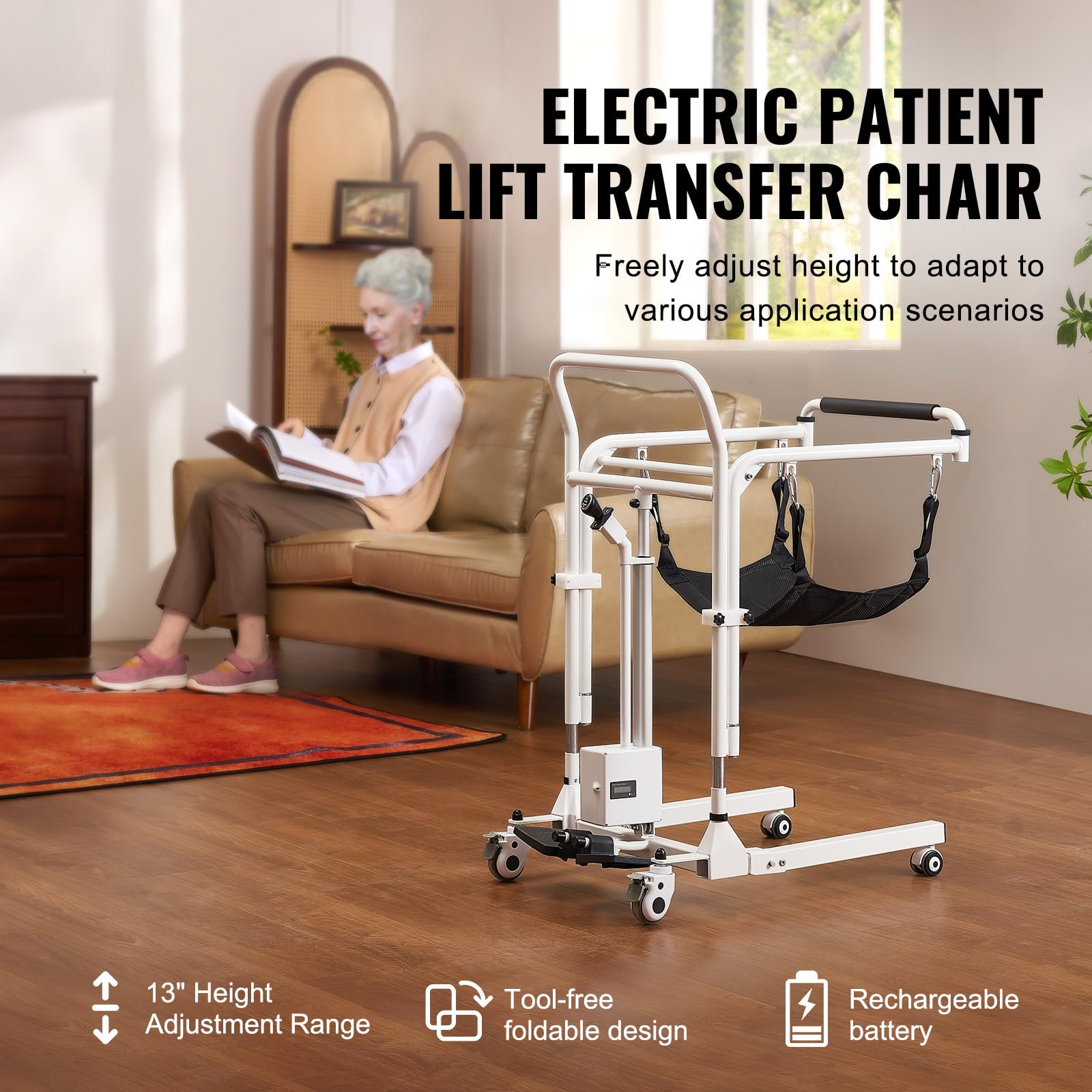 Happybuy Electric Patient Lift Transfer Chair,Quick-Folding Patient Lift Wheelchair with Adjustable Height,Bedside Commode Toilet Chair with Wheels & 2 Seat Cushion for Senior Disabled,220LBS Capacity