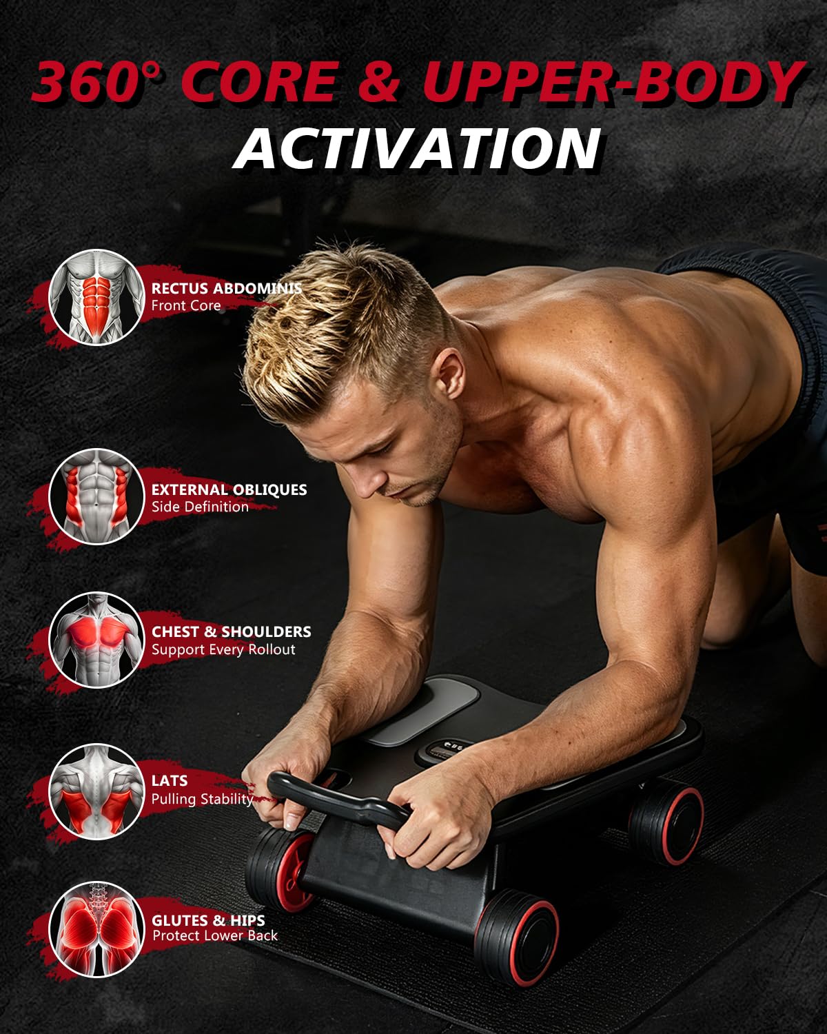 Ab Roller Rad, Ab Roller, Upgraded Automatic Rebound Ab Roller mit Ellenbogenstütze, Kniematte & Timer, 4 Räder Ab Workout Equipment für Core Strength Training, Silent Ab Wheel für Anfänger Männer