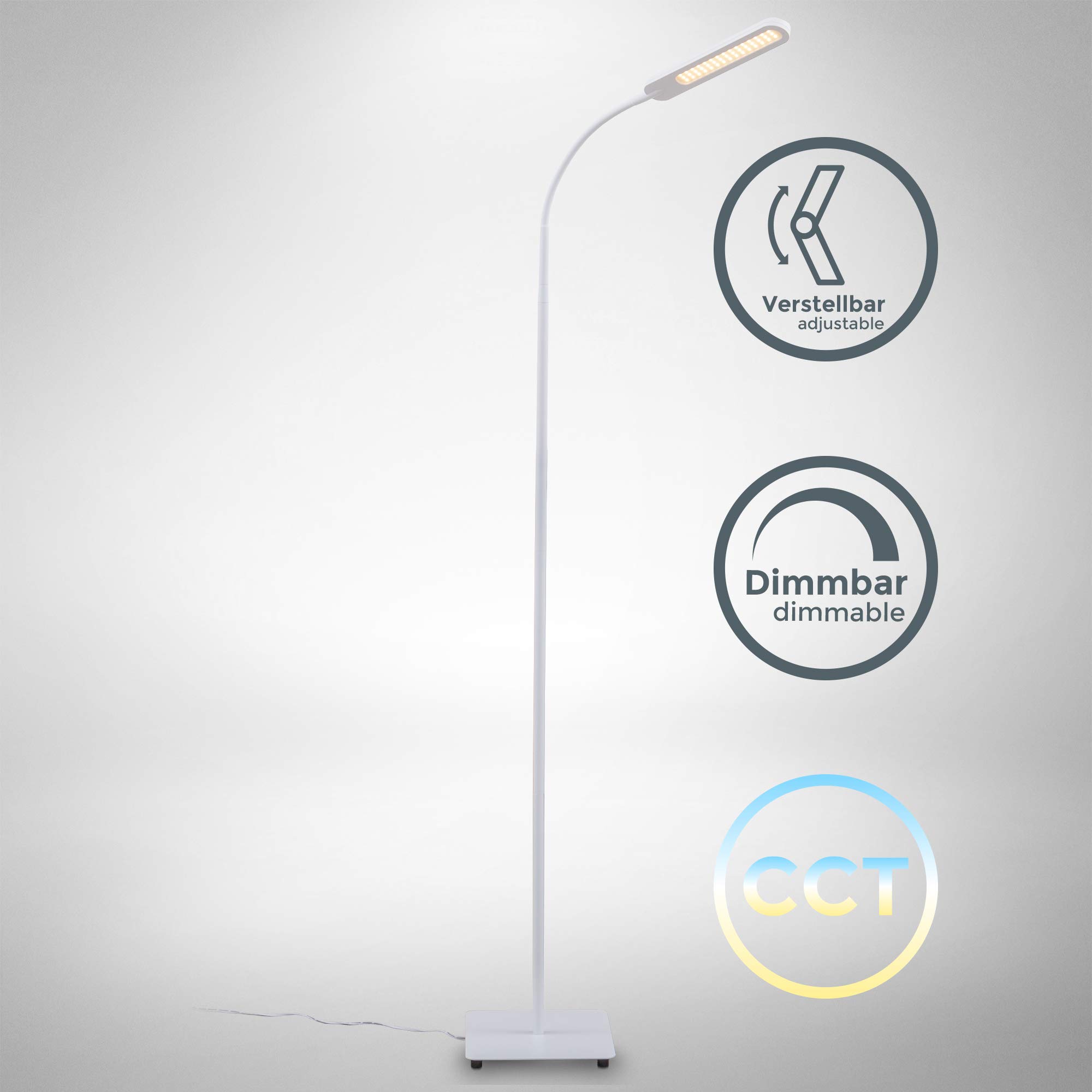 B.K.Licht Lampada da terra LED, piantana dimmerabile su 4 livelli, luce calda neutra o fredda, altezza d'uso 1,35m, 6,5W, 600Lm, orientabile, lampada a stelo touch moderna, bianca IP20
