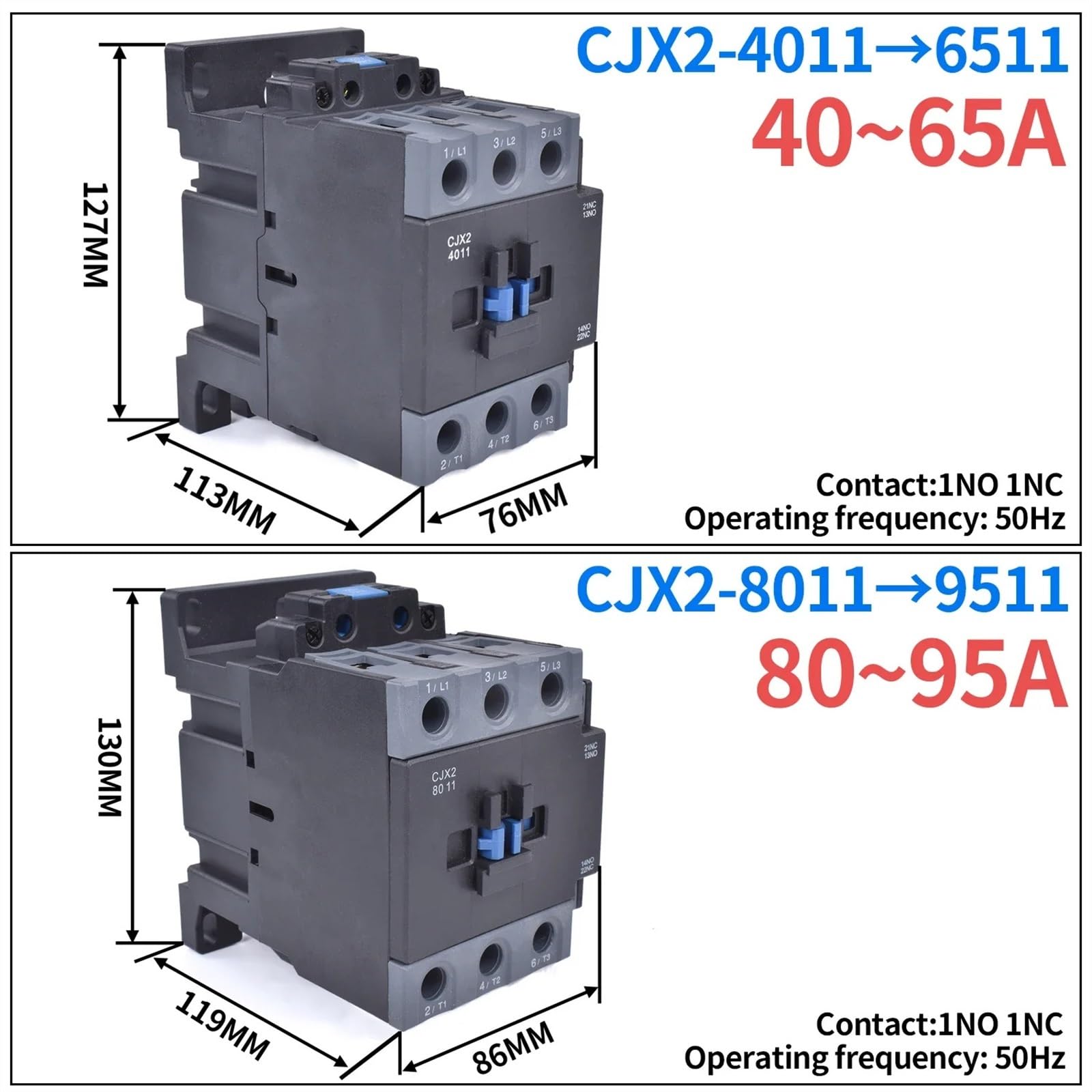CJX2-4011 AC 220v 380v contactor 6511 5011 8011 9511 40A 3P + 1NO y 1NC Instalación en riel lc1d 1 normalmente abierto 1 normalmente cerrado(380V,CJX2-6511)