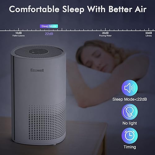 Miniatura 6 de ECOWELL Purificador de aire para dormitorio del hogar, filtro HEPA de filtración de 3 etapas con carbón activado, temporizador, modo de suspensión