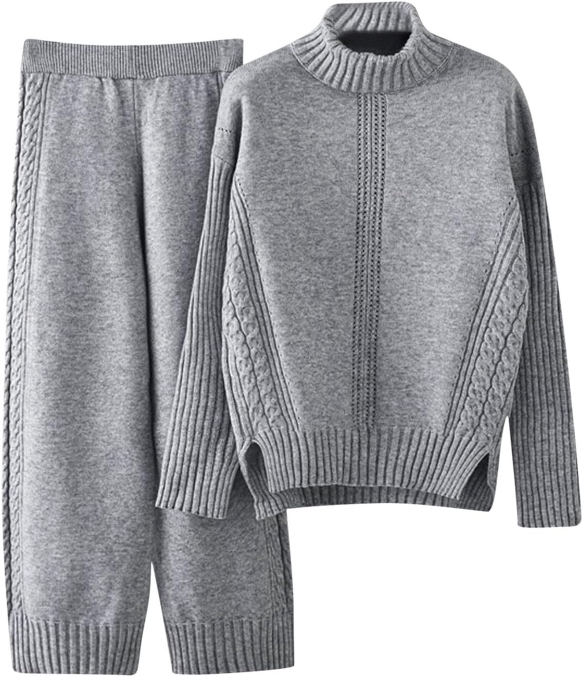 Matching Ribbed Knit Set for Women High Neck Sweater Set High Low Chunky Cale Knit Weaters Thread Cuff Wide Leg Pants