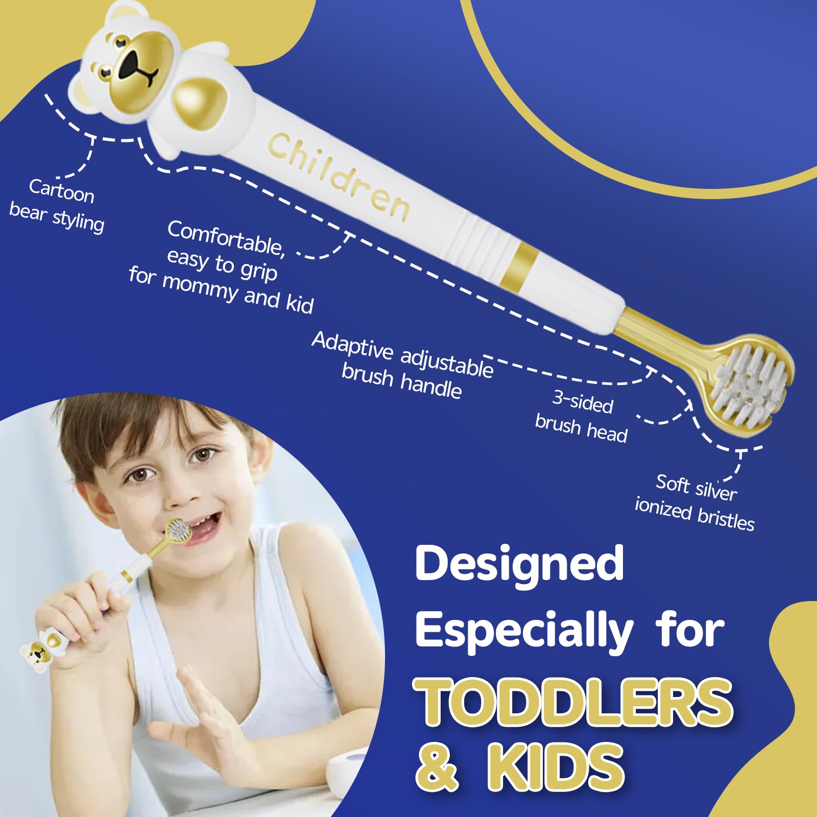 Cepillo de dientes de 3 caras para niños, diseño japonés de triple ángulo, diseño de oso de dibujos animados para niños con autismo, cepillo de dientes para niños de 3 a 12 años, cerdas suaves