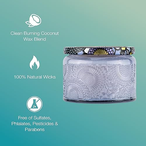 Miniatura 4 de Voluspa Vela de trébol azul de manzana, tarro pequeño de vidrio en relieve, 3.2 onzas, tiempo de combustión de 25 horas, vegano, cera de coco y