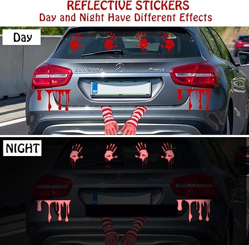 Miniatura 6 de PerKoop 8 piezas de mano falsa realista de Halloween con brazo de tela a rayas rojas y blancas que fluyen manos sangrientas y goteando calcomanías