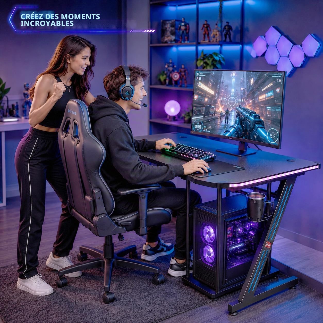 MY SIT Bureau Gaming Table Gizmo Ordinateur LED Lumières - Support pour Casque Support pour PC et Porte-gobelet - Gestion des Câbles - Bureau de Jeu Table de Bureau Gaming Desk en Noir