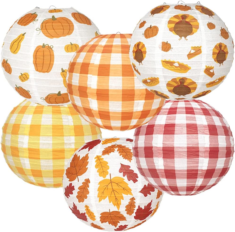 Just Artifacts 6pc Decorative Autumn Harvest Fall Themed 12-Inch Round Hanging Chinese Paper Lantern Kit