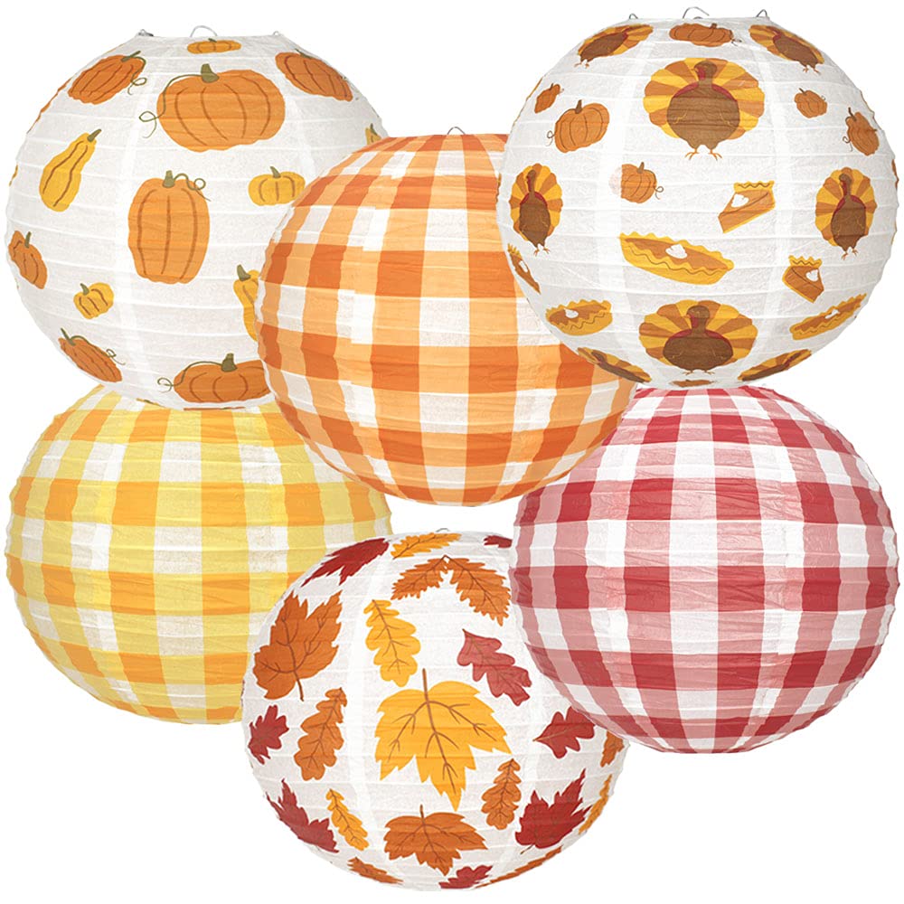 Just Artifacts 6pc Decorative Autumn Harvest Fall Themed 12-Inch Round Hanging Chinese Paper Lantern Kit