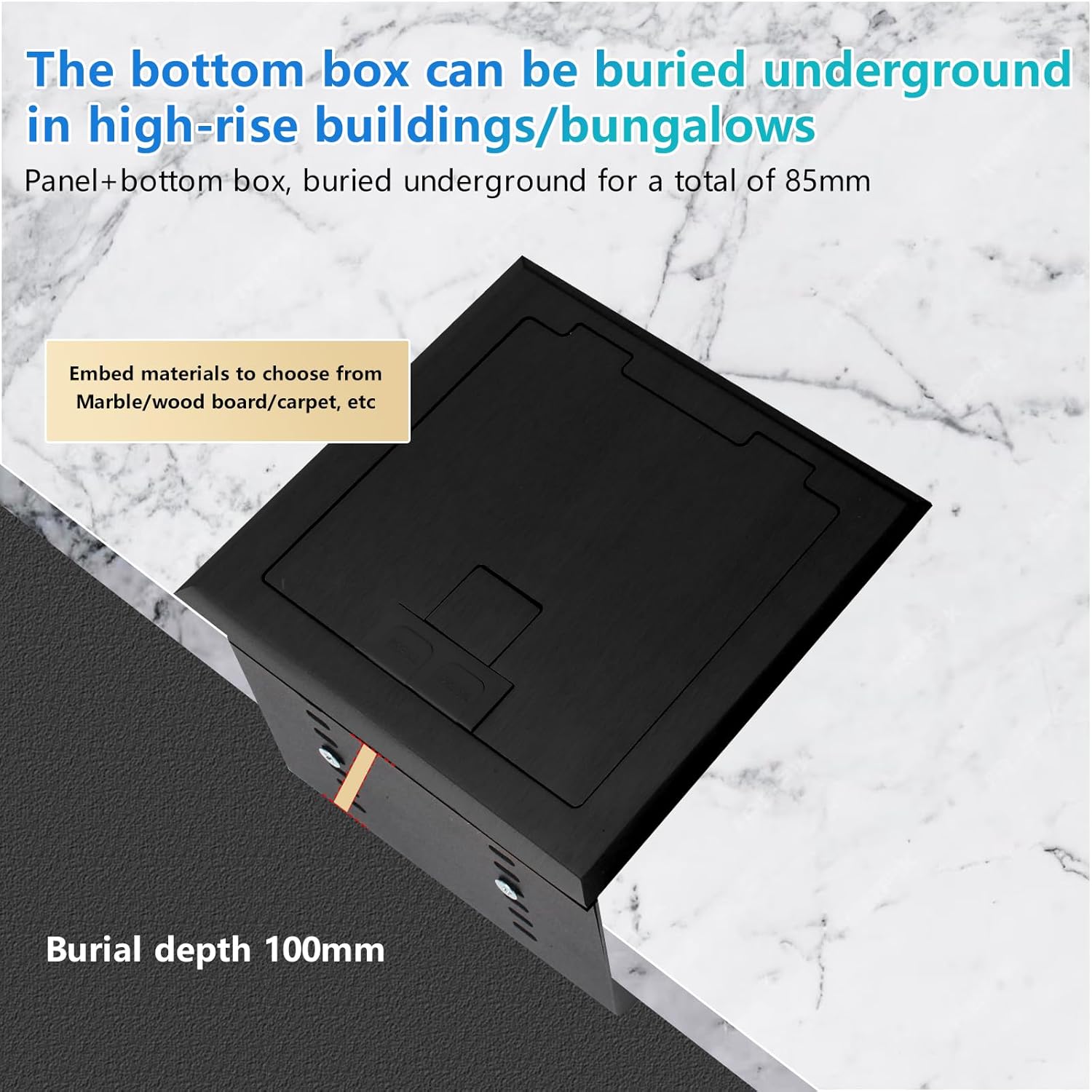 KYHSHJ Recessed Flat Hidden Socket Kit with 2 * 15A Receptacle，4.8A*2 USB-A Ports +3-Port RJ45 Datacom Receptacle. Internal Height Adjustable，Corrosive Resistant Hardware,Black