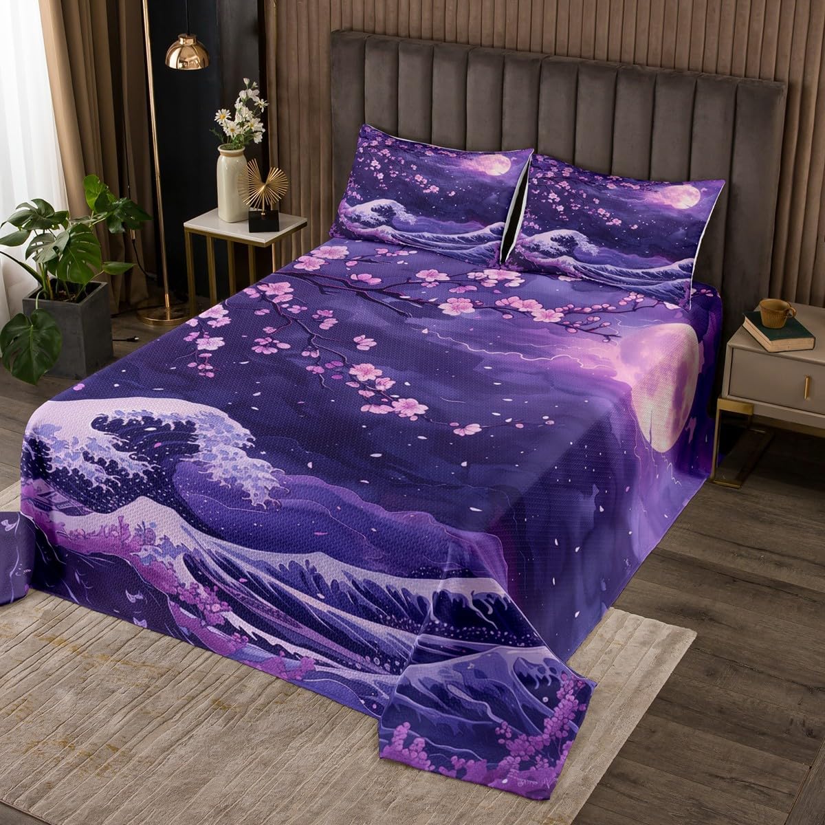 Erosebridal Purple Cherry Blossom Bedspread Set Queen,Violet Japanese Style Coverlet Sets,Ocean Waves Moon Bedding Set,Marine Coastal Nautical Theme Room Decor with 2 Pillow Cases