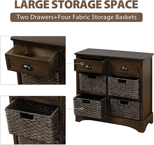 Miniatura 7 de Armario de almacenamiento rústico, mesa consola con dos cajones y cuatro cestas de tela clásica para cocina, comedor, entrada y sala de estar,