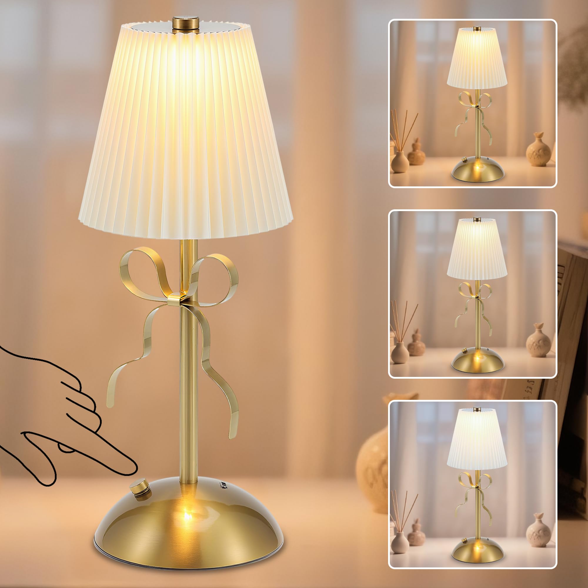Gold Bow Table Lamp with Pleated Shade, Touch Control Bedside Lamp, Dimmable Cordless Table Lamp with 3 Colour Temperatures, Decorative Desk Lamp for Bedroom, Living Room, Nursery and Bedside Table — image 1