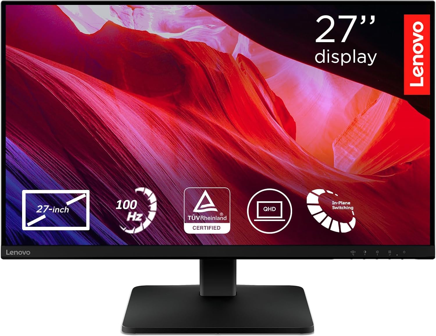Lenovo L27qe Monitor 27 inch | QHD, 100 Hz, IPS, 4ms, 16:9, HDMI 2.1 - DP 1.4 | VESA Adaptive Sync | VESA mount 100mm | Tilt |Raven Black