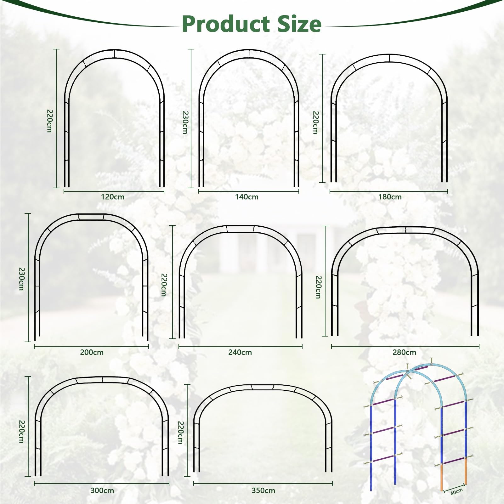 Treillis d'arche de jardin en métal, arche d'extérieur large de 120cm, 140cm, 180cm, 200cm, 240cm, 280cm, 350cm arcs de roses robustes cadre en acier pour plantes grimpantes(280x220x40CM/9.2x7.2x1.3ft