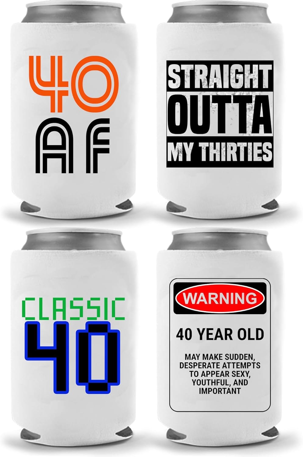 Funny 40th Birthday Beer Coolies | 40s Beer Gifts | Gag Party Gift Beer Can Cooler | Funny Joke 40 | Beer Beverage Holder | Craft Beer Gifts | Neoprene Can Cooler (Four Pack)