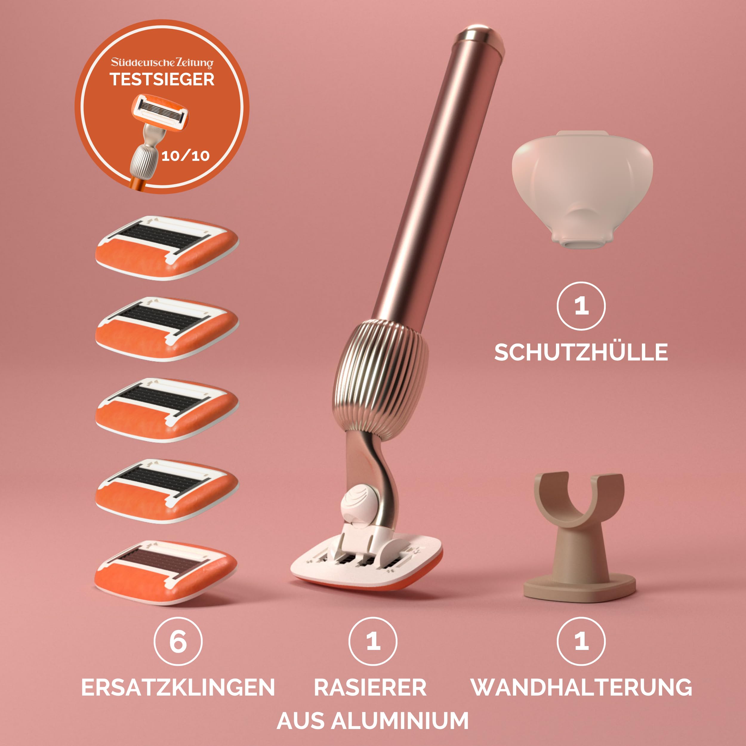 Fler The Razor Shave Set Damenrasierer mit Austauschbaren Rasierköpfen, Halterung, 6 Ersatzklingen, Schutzhülle, Aloe Vera, Vitamin E (Pink)