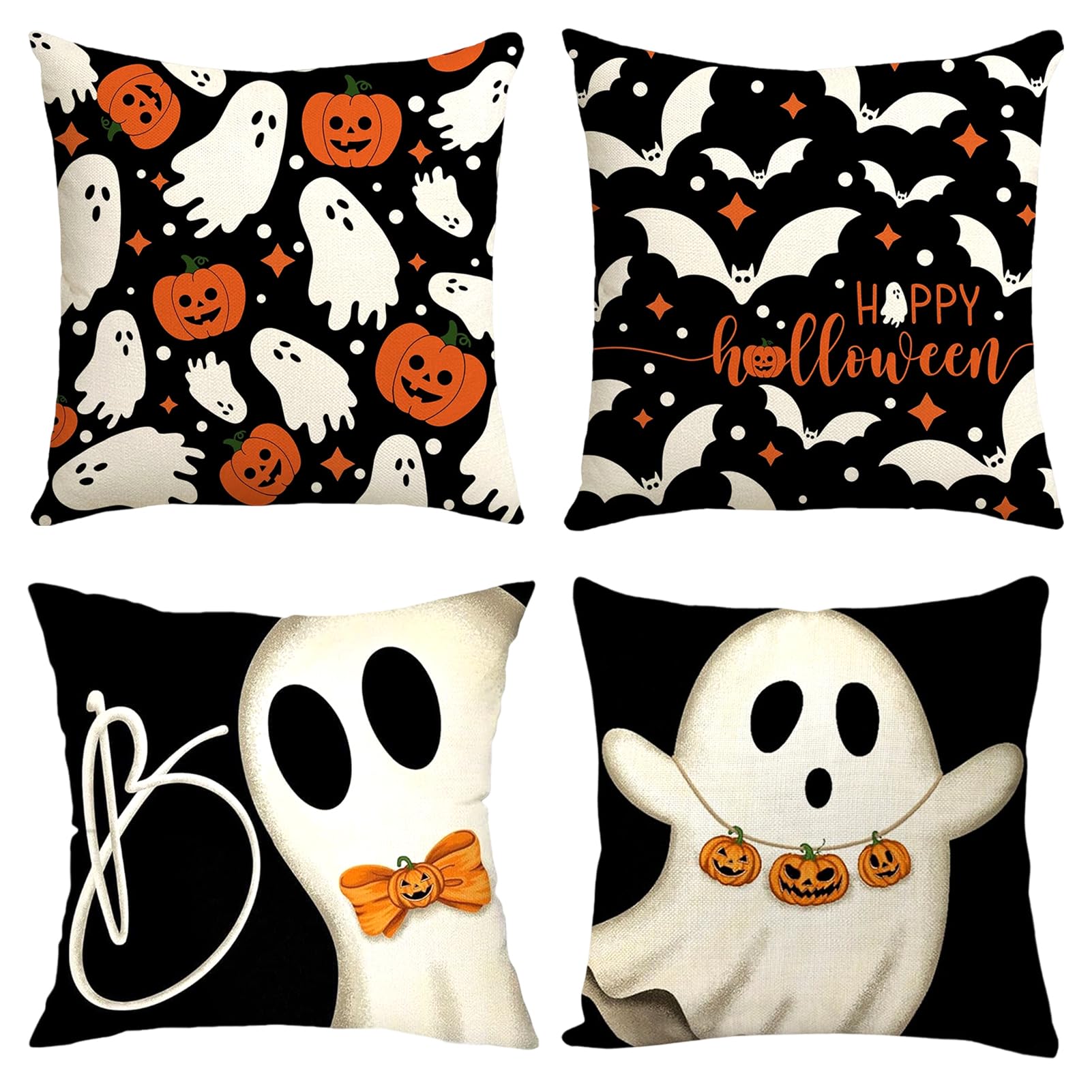 GEMAKA Halloween Pillow Covers Set of 4 45x45cm - Cute Ghost Pumpkin Bat Pattern Cushion Covers Sofa Bedroom Decor