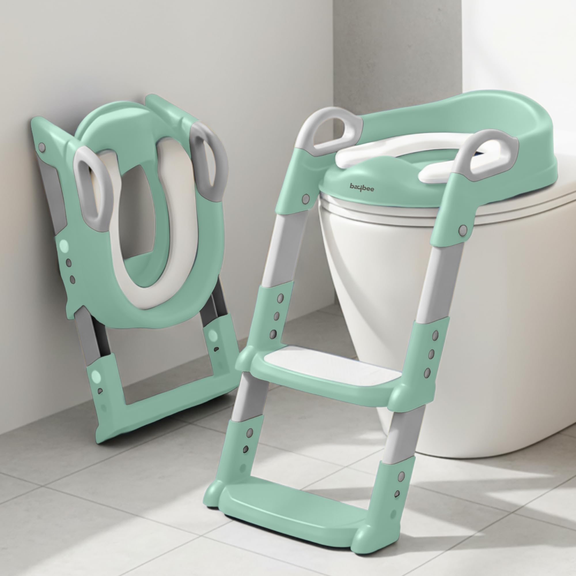 Baybee 3 IN 1 Aura Western Potty Seat for Kids | Foldable Baby Potty Training Seat Chair with Adjustable Height, Grip Handle & Cushion Seat | Ladder Toilet Seat for 1 to 8 Years Boys Girls (Green)
