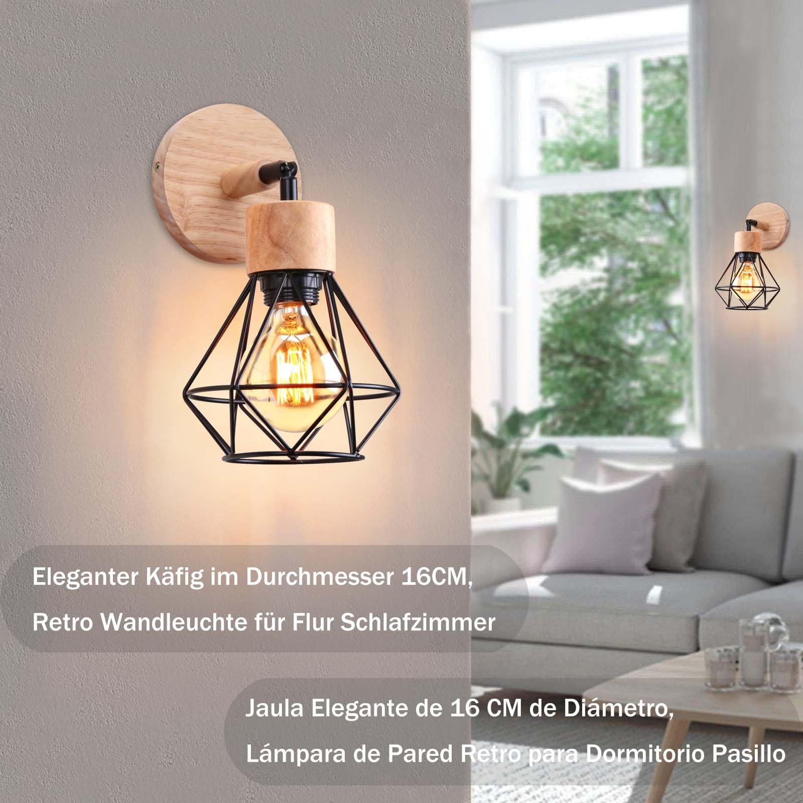 TOKIUS 2 stuks wandlampen, moderne wandlamp van metaal en hout, decoratief, E27 fitting, verstelbare wandverlichting voor binnen, wandlamp voor slaapkamer, woonkamer, gang (geel, met stekker en