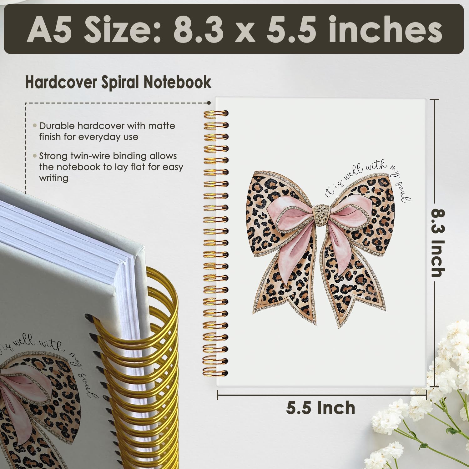 Leopard Coquette Bow Christian Spiral Notebook, Christian Notebook for Women, Religious Prayer Journal for Woman, It is Well with My Soul Scripture Hardcover Notebooks 5.5x8.3 - Image 7