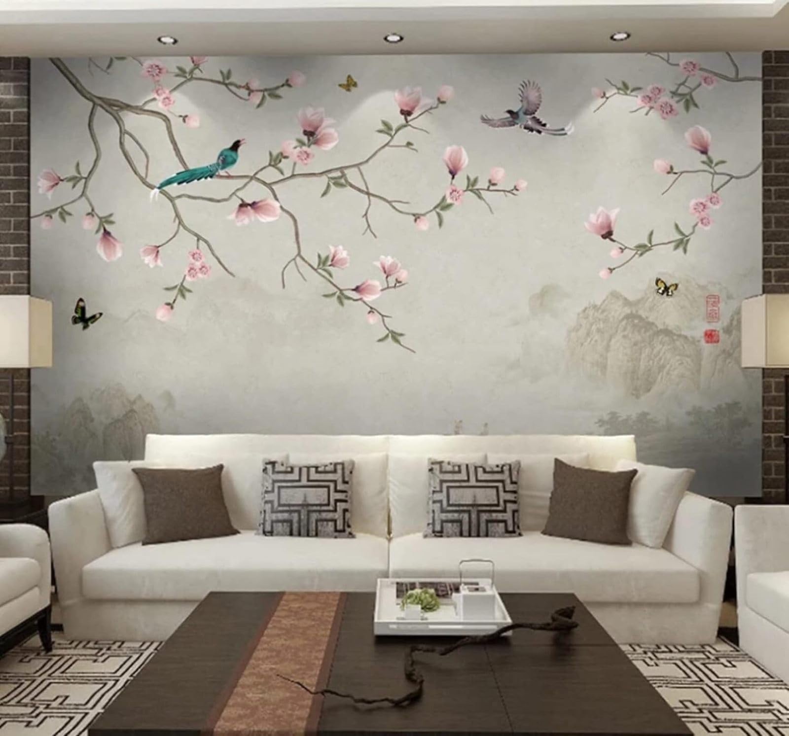 XLMING Hand Drawn Landscapes Birds and Flowers Butterflies Scenery 3D Wallpaper Luxury Silk Study Dining Feature Sofa Grey Bedroom Living Room Tv Decorative Wall-300cm×210cm