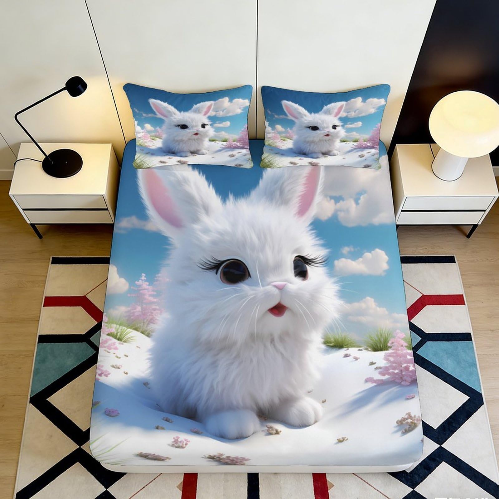 3D Printed Cute Bunny Fitted Sheet Microfiber Deep Pocket Full Wrap for Adults Bedroom Bedding Bunny Mattress Fitted Cover Washable 180x200x25cm