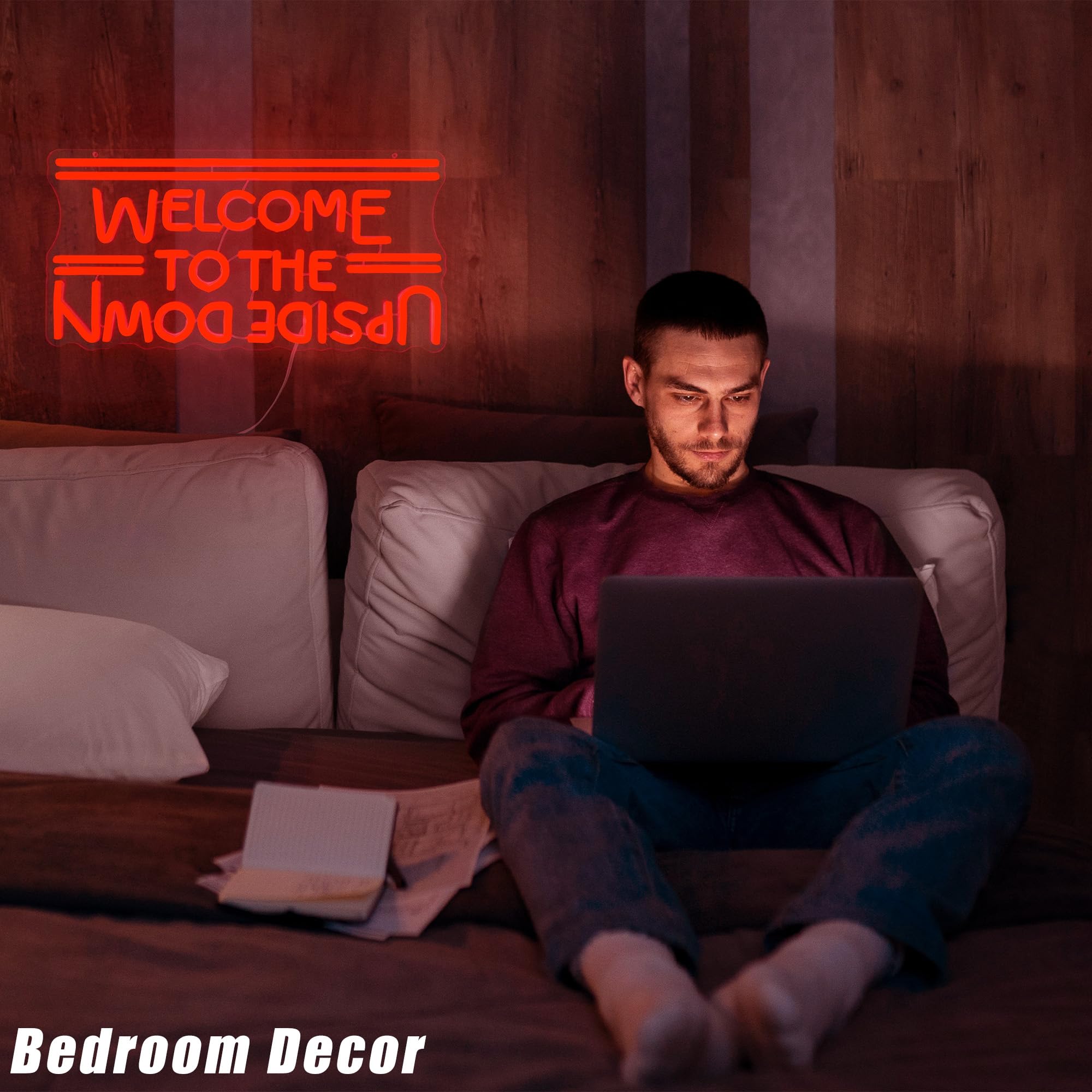 Letrero de neón regulable con texto en inglés "Welcome To The Upside Down" para decoración de pared, letrero LED alimentado por USB para dormitorio, sala de juegos, cueva de hombre, gran regalo para