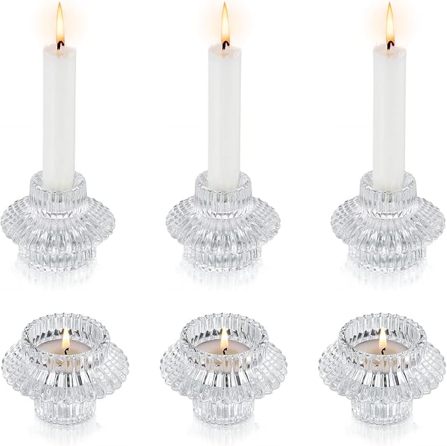 Tealight Candle Holder Glass Candlestick 2-in-1 - Set of 6 Crystal for Taper Tea Light Candles Table Centerpiece Decoration Wedding Party Christmas Home Decor