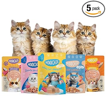 PETS EMPIRE Moochie Tasty Wet Cat Food, Grain Free Cats Gravy Meal, No Artificial Flavours Kitten Food, Non-Vegetarian Cat Foods Pouch, All Flavours Mix for Adults & Kittens (85 g Pack X 5) - image, photos