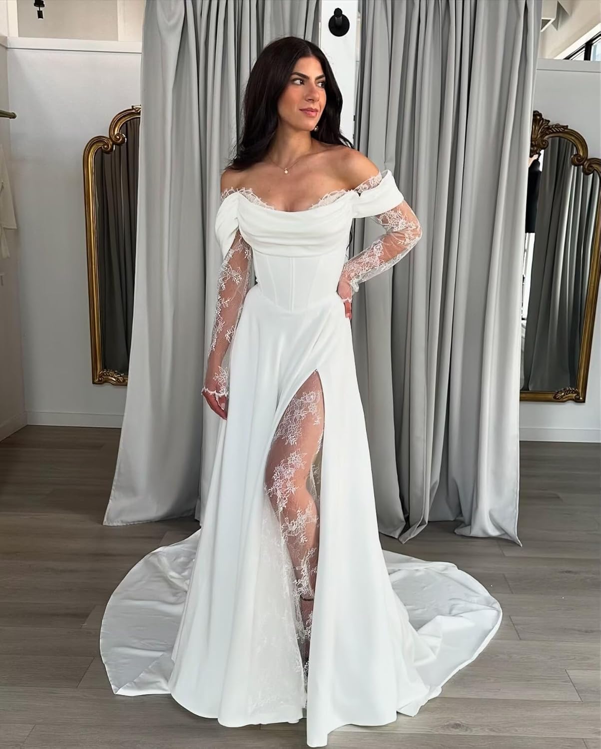 Off Shoulder Wedding Dresses Long Sleeve Lace Prom Dresses Satin Bridal Gown with Slit