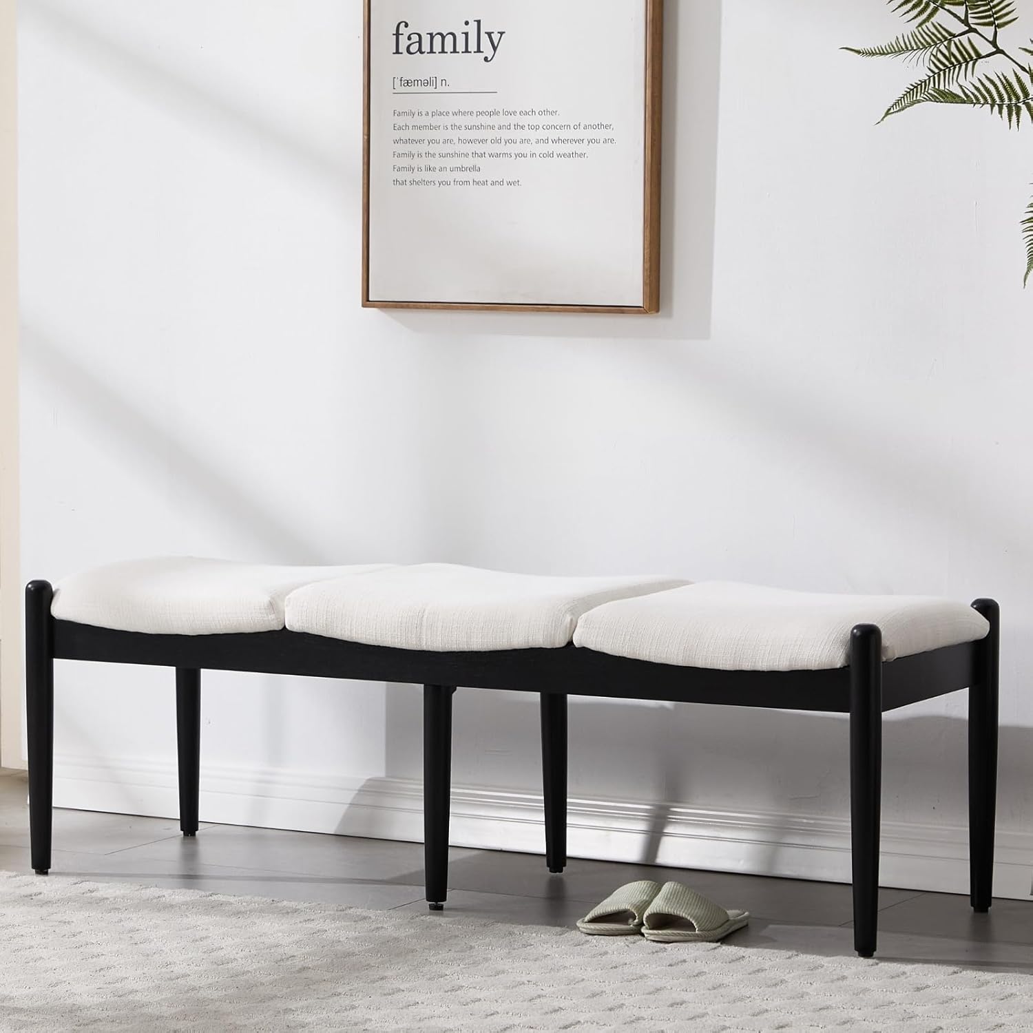 54.25" Modern Ottoman Bench Upholstered Linen Bedroom End of Bed Bench Boho Bench Long Seating Bench Entryway Stool with Wood Legs for Living Room/Foyer, White