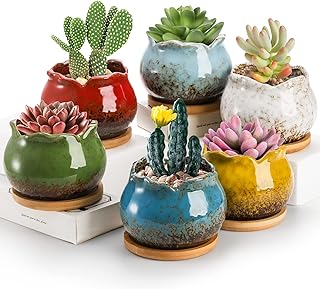 TOPZEA Set of 6 Succulent Plant Pots, 4 Inch Glazed Ceramic Pots with Dr...