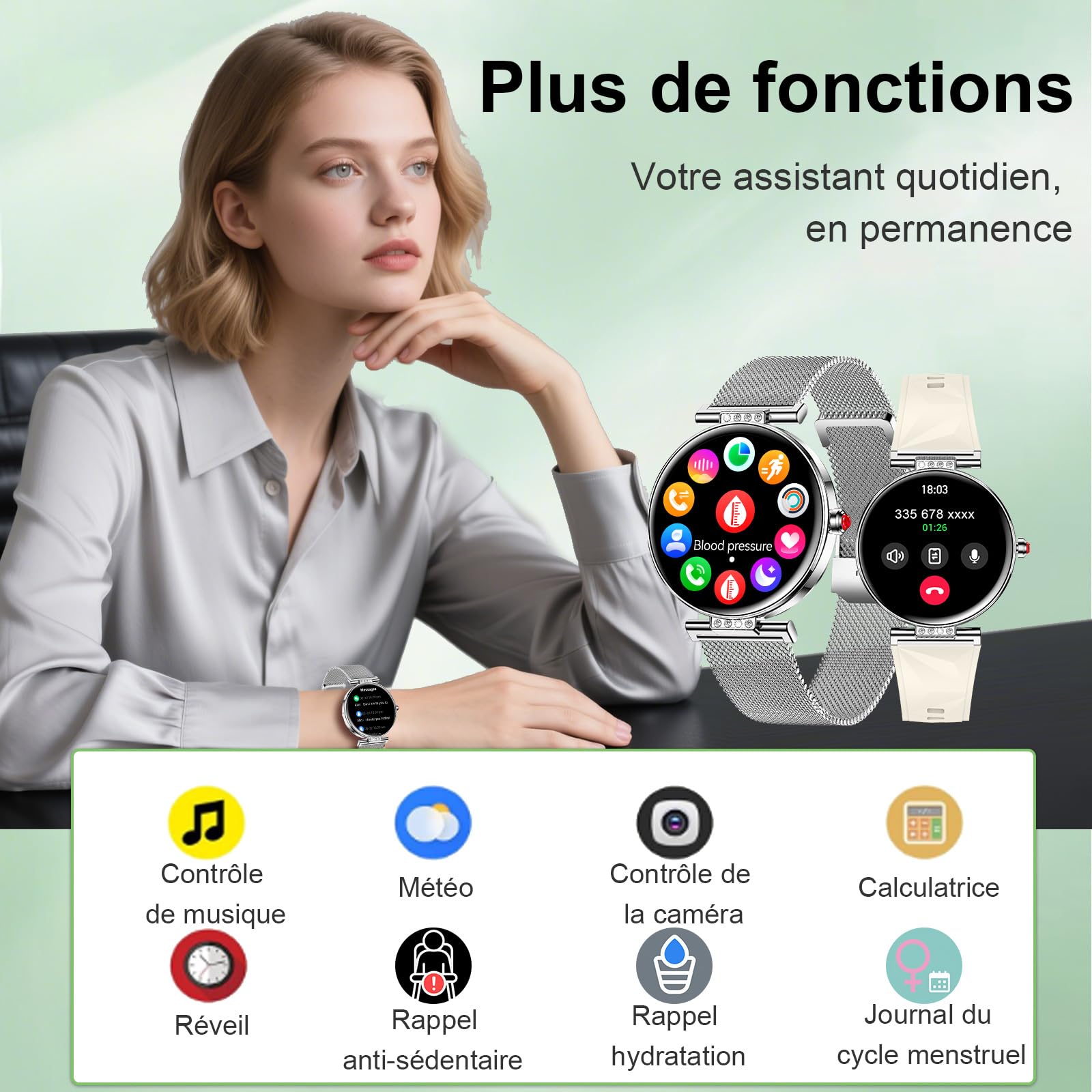 Montre Connectée Pour Femmes Petit Cadran Rond avec Fonction Téléphone Sport Surveillance de la Santé Notifications Par Application Suivi d'activité Bluetooth étanche pour Android IOS (Argenté)