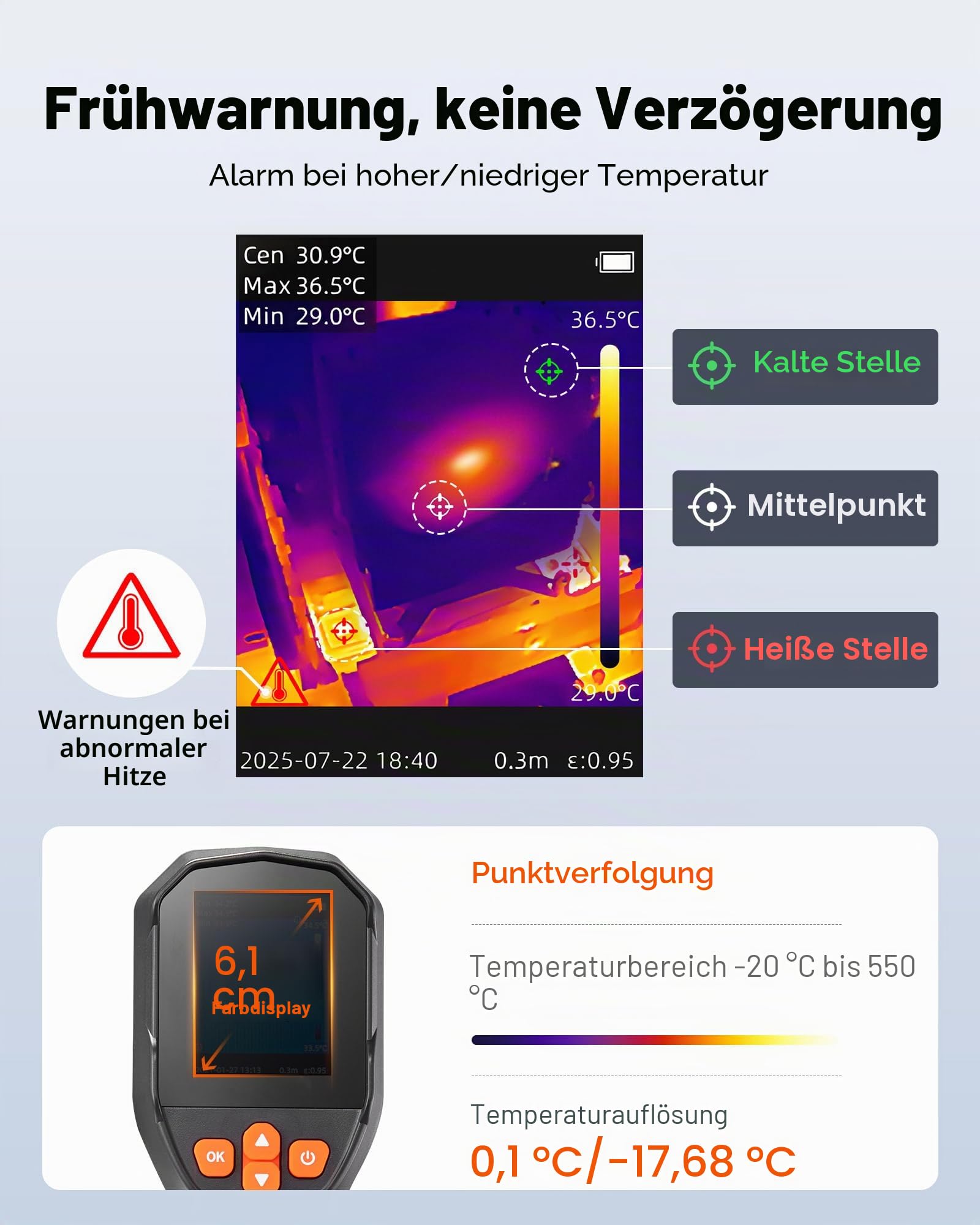 VEVOR Wärmebildkamera, TISR Superauflösung 240x180, handheld Thermokamera mit 2 MP visueller Kamera, 96x96 IR-Auflösung, 25 Hz Bildwiederholfrequenz, -20-550 °C, 4 Bildmodi & 6 Farbpaletten