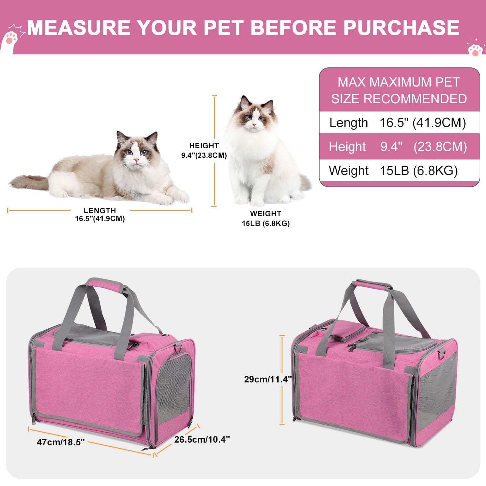 Qoosea Trasportino per Gatti e Cani Portatile e Ripiegabile Trasportino per Animali, Portatile Borsa per Trasporto per Gatto e Cane di Piccola e Media Taglia (Rosa)