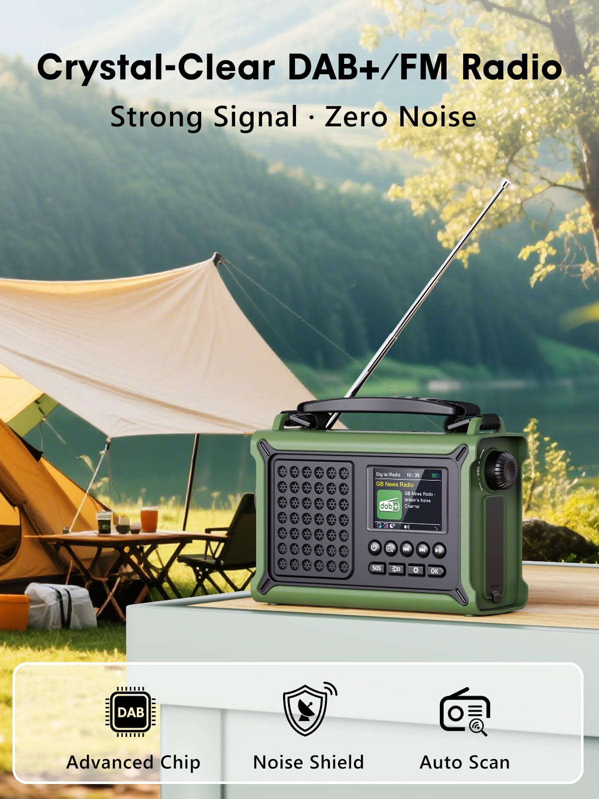 ROCAM Tragbares DAB+ Radio mit Bluetooth, 12000mAh Kurbelradio mit 8500mm² Solarpanel & 650mA Kurbel, DAB/UKW Digital Radio mit 2,4" Farbdisplay, 80 Sender, LED-Taschenlampe, SOS, IPX6 für Notfälle