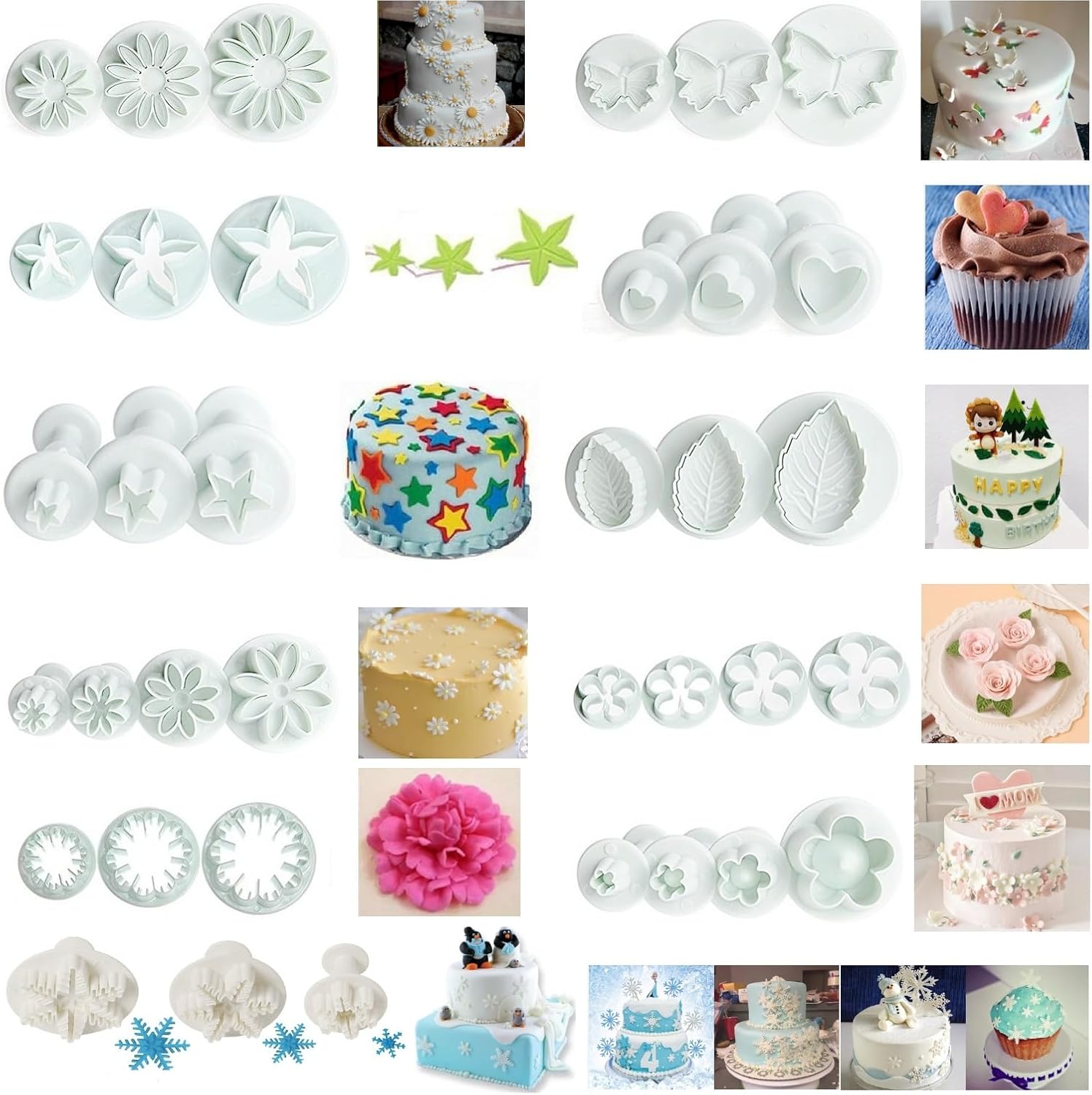 Flower Cookie Cutters,Cake Tools 44 Pcs Snowflake Cookie Cutter Cloud Fondant Cake Plunger Sugarcraft Flowers Leaf Butterfly Heart Shape Decorating Mold DIY Icing Plunger Cutters
