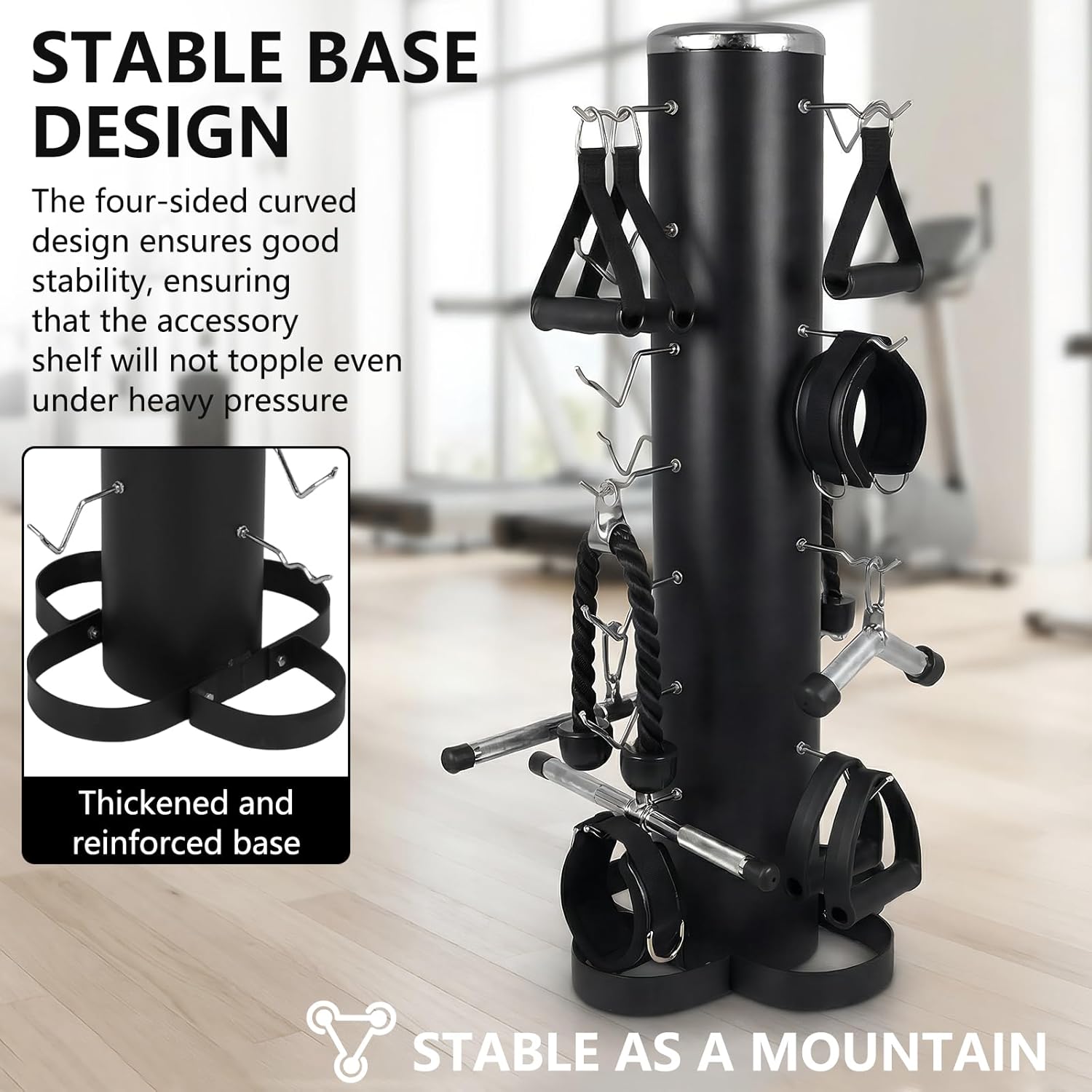 ETOYA Vertical Gym Organizer Storage Rack, Free-Standing Cable Machine Attachment Holder with Lat and Curl Bar, Revolving Bars, Storage Stand for 36 Handles, Straps & Home Gym Accessories