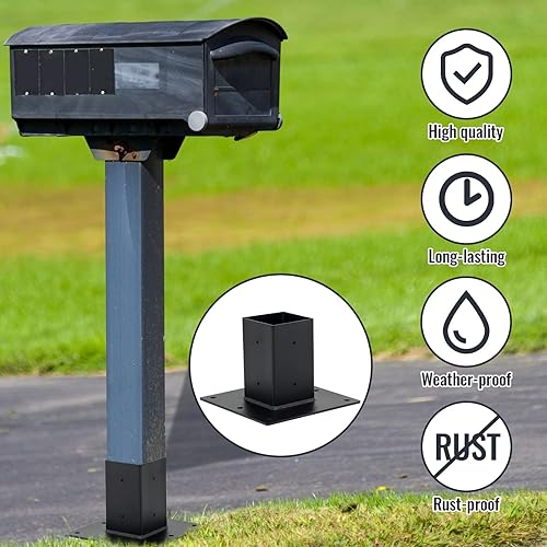 Miniatura 3 de Hasopy Base de poste de 4 x 4 pulgadas, placa base de poste de acero Q235 con recubrimiento de polvo negro para postes de soporte de barandilla de