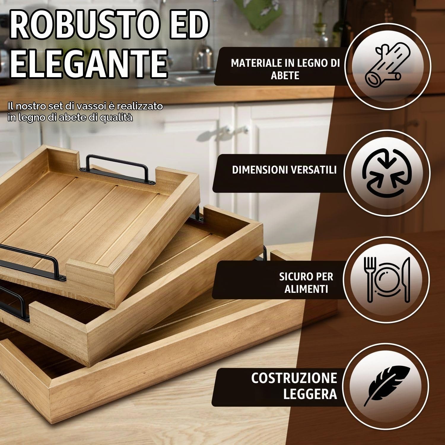 Flexzion Set di 3 vassoi da portata rustici, impilabili in legno di abete con manico, vassoio per la colazione in legno, vassoio per salumi annidato resistente, per tavolino ottomano, set di vassoi