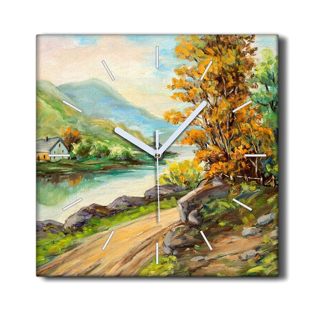 Horloge murale sans tic-tac 30x30cm pour salon zen avec tableau paysage rivière et arbre