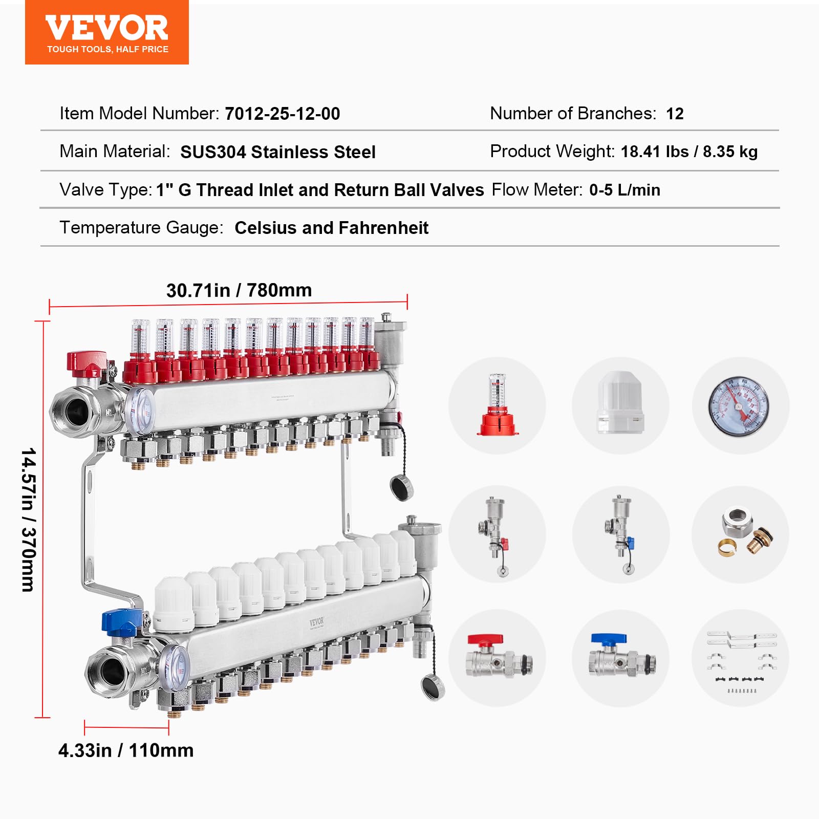 VEVOR kolektor grzewczy z 12 gałęziami, 12,7 mm przewody PEX ze stali nierdzewnej PEX z adapterami 12,7 mm do hydronicznych podłóg grzewczych, zestaw kolektora PEX
