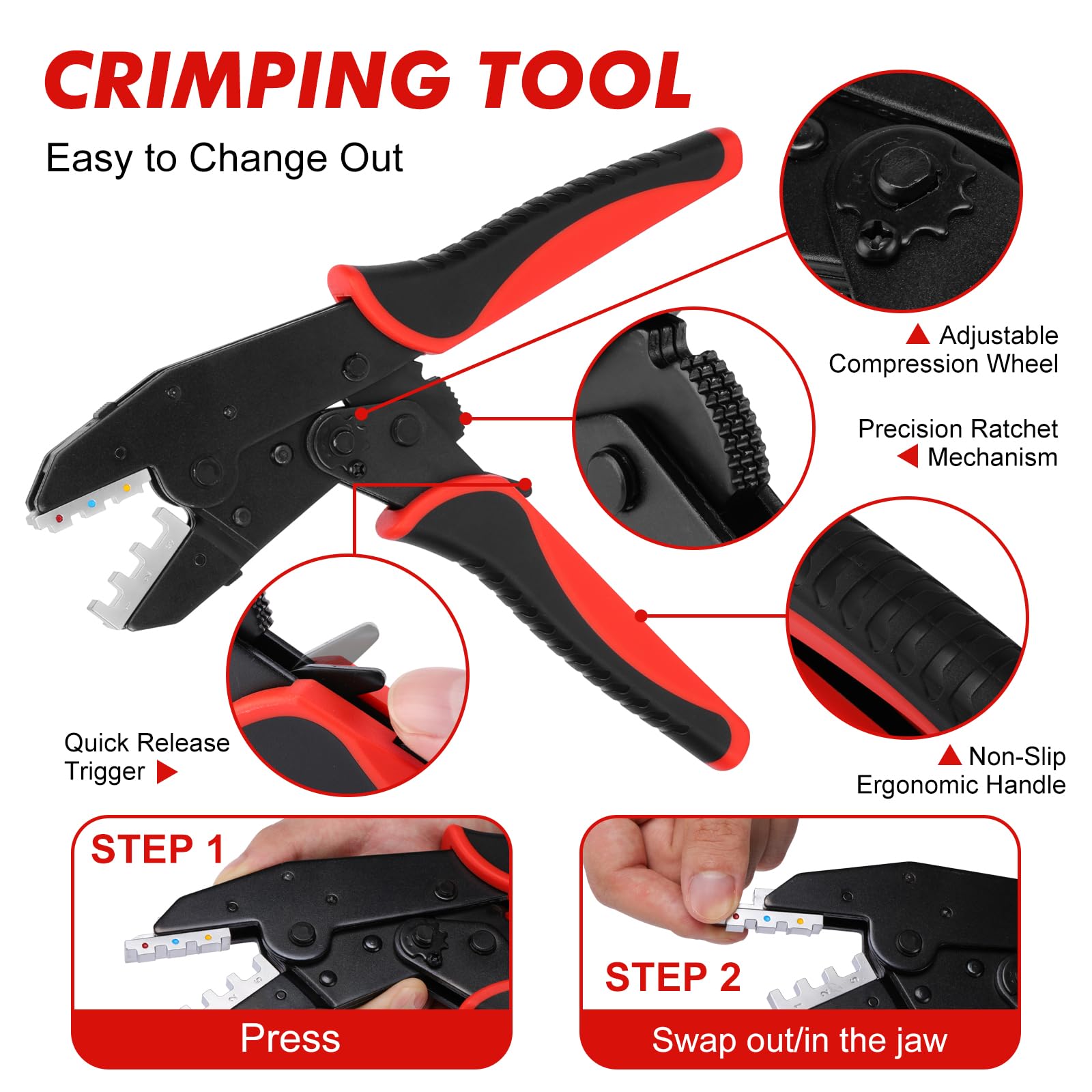 CASOMAN Kit de herramientas de crimpado 6 en 1 y juego de pelacables, 6 tamaños de mandíbula intercambiables, herramienta de crimpado de alambre multiusos, ideal para crimpado, cableado, encogimiento