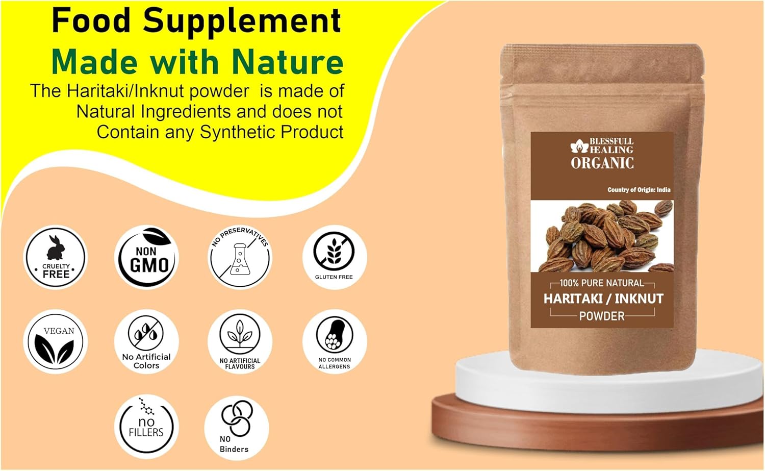 Blessfull Healing Organic Haritaki/Inknut Powder 100% Pure Natural 200 Gram / 7.05 oz