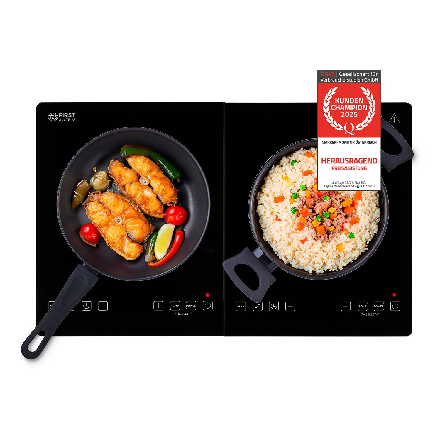 TZS First Austria - Induktionsdoppelkochplatte 3500W - 10 Temperaturstufen - Kristallglas - Digitales Kochfeld mit Touch-Sensor, Timer & Überhitzungsschutz - Ø 260 mm - Schwarz