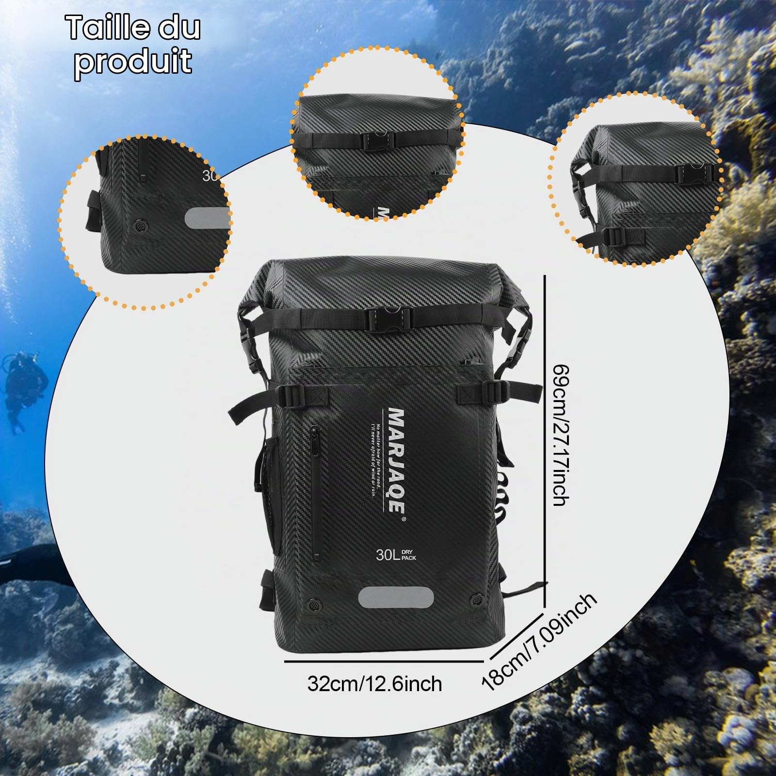 Sac à Dos de Plongée 30L Étanche Compartiments Multiples Porte-Palmes pour Kayak Navigation de Plaisance Rangement Équipement- Noir