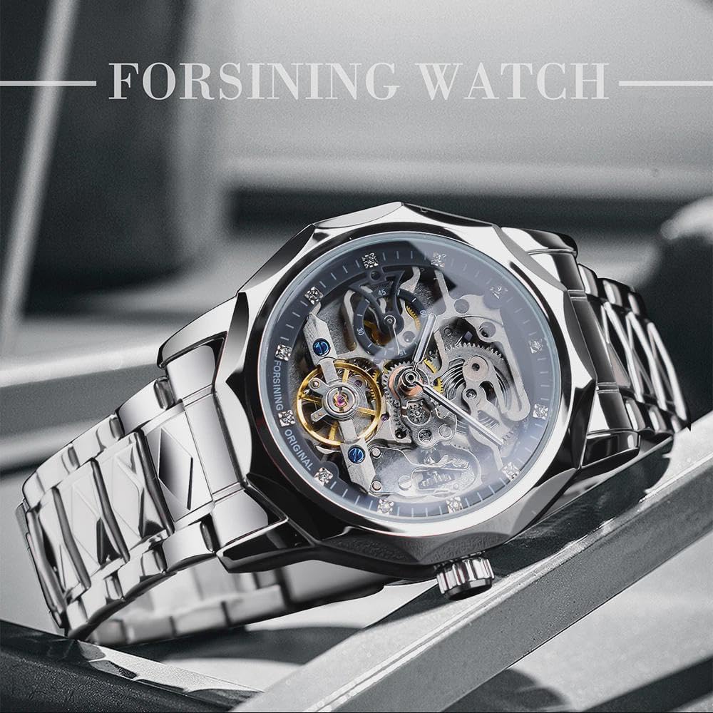Reloj mecánico de lujo con esfera de esqueleto para hombre, reloj de pulsera Tourbillon automático con diseño de diamantes