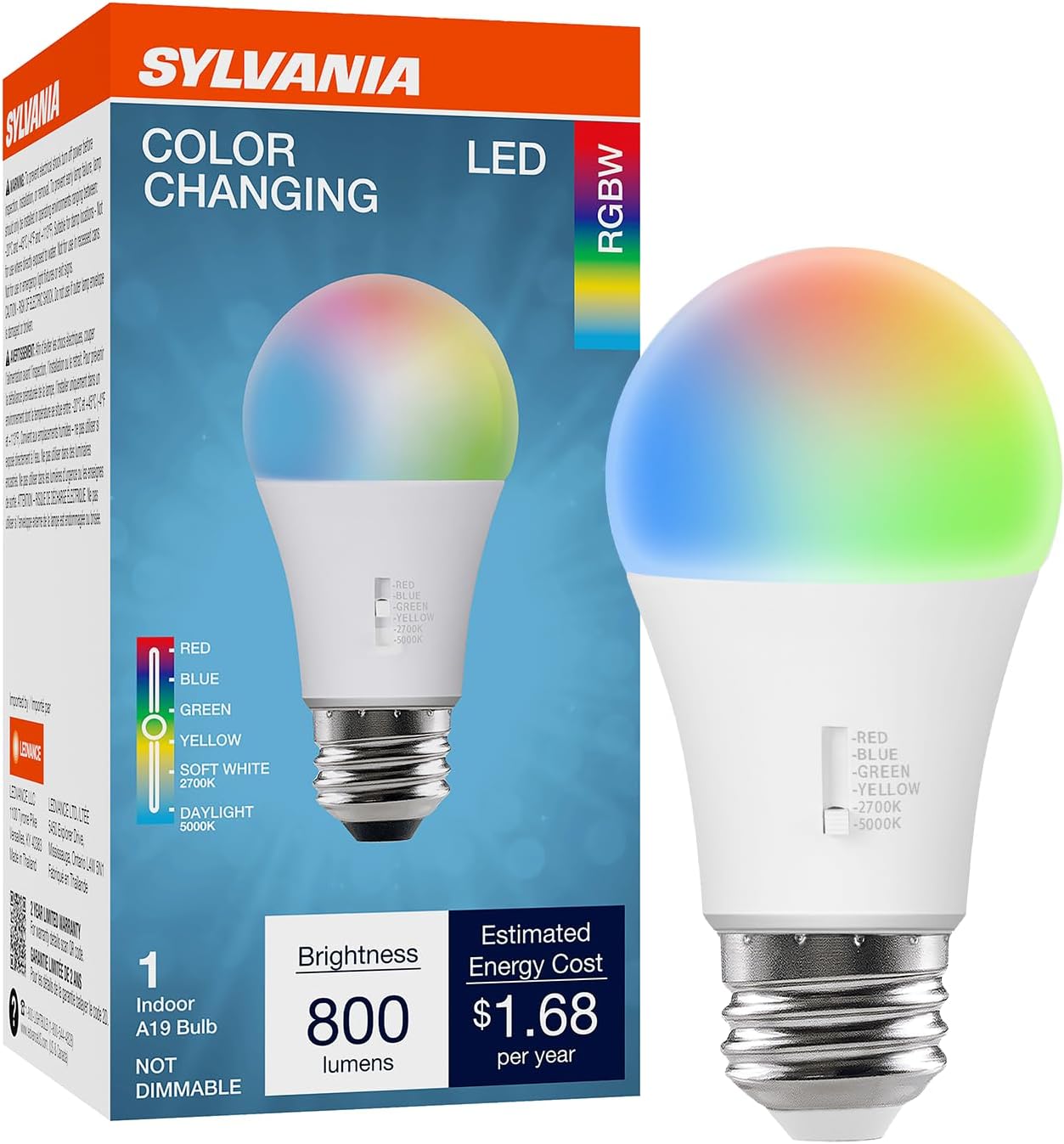 Sylvania LED Color Changing Light Bulb, Red/Blue/Green/Yellow/White, 2700K/5000K, RGBW Colored Light Bulbs, 8W, A19, E26 Medium Base - 1 Pack (42639)