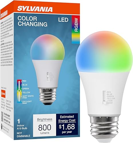 Sylvania Bombilla LED de 5 colores, rojoazulverdeamarilloblanco, RGBW, 8W, A19, base mediana E26, 2700 K5000 K, 1 paquete (42639)
